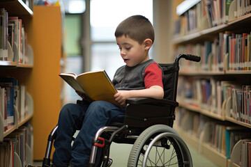 A young schoolboy in a wheelchair awakens curiosity in a library oasis surrounded by books and the joy of learning.