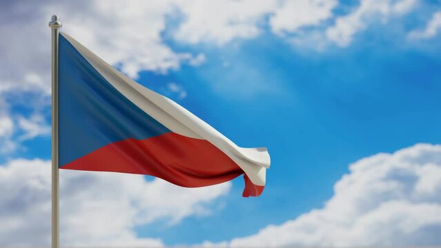 Czech Republic country national flag waving on blue sky background. 3d video footage
