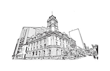 Building view with landmark of Regina is the 
city in Canada.Hand drawn sketch illustration in vector.