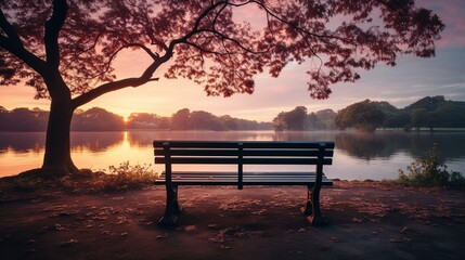 Bench on the lake at sunrise in the morning. Nature background.