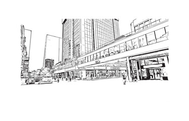Building view with landmark of Regina is the 
city in Canada.Hand drawn sketch illustration in vector.