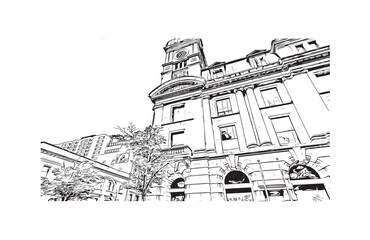 Building view with landmark of Regina is the 
city in Canada.Hand drawn sketch illustration in vector.