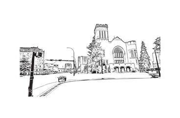 Building view with landmark of Regina is the 
city in Canada.Hand drawn sketch illustration in vector.