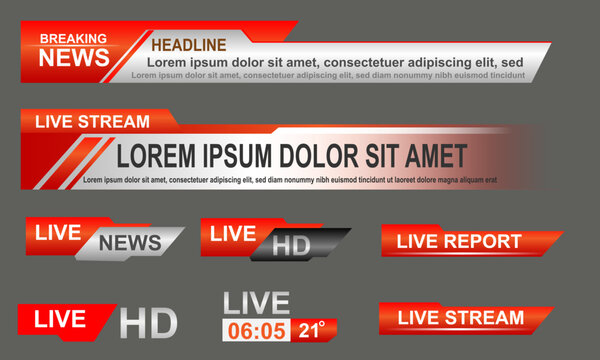 Broadcast News Lower Thirds Template layout red grey set collection design banner for bar Headline news title, sport game in Television, Video and Media Channel vector