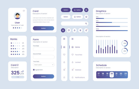 Light Collection of gradient ui ux elements. Ux dashboard user panel template. User interface, experience. UI elements to book the app.