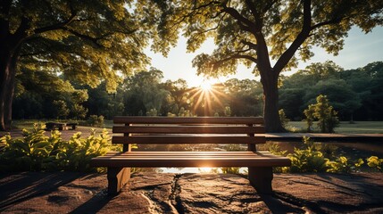 Wooden bench in the park at sunset. Vintage color tone.