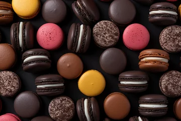 Zelfklevend Fotobehang delicious dark color macarons pattern, flat lay © AI for you
