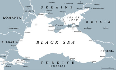Black Sea region, gray political map. Marginal mediterranean sea of the Atlantic Ocean, between Europe and Asia. With Crimea, Sea of Azov, Sea of Marmara, Bosporus, Dardanelles and the Kerch Strait.