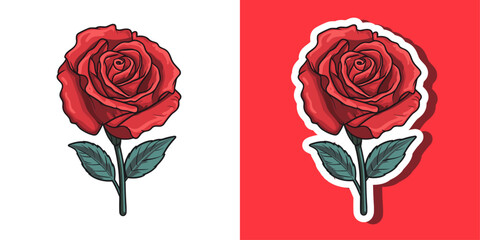 Vector red rose flat cartoon style isolated sticker ruby rose flower with green leaves, sketch style illustration