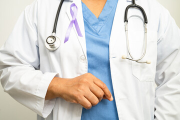 Asian woman doctor with purple ribbon, sign of Alzheimer disease day, Pancreatic cancer, Epilepsy,...