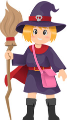 Illustration of a girl in a witch costume for Halloween celebration in cartoon style