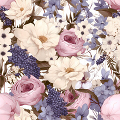 Seamless pattern hydrangeas and florals, Vintage style AI Generative