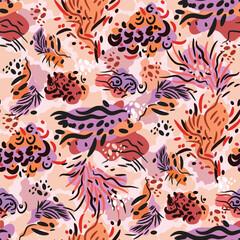 Fototapeta premium Animal skin fantasy beautiful seamless pattern of jaguar, tiger, guepard, leopard abstract Modern safari animal fashion print skin design for textile, wallpaper Vector illustration