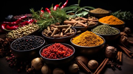 spices against a dark background,.