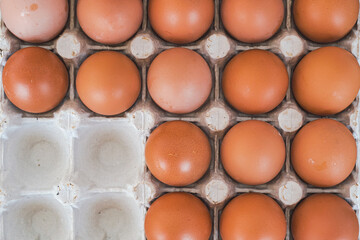 Top view chicken egg packaging, fresh food from farmers market, recycled packaging