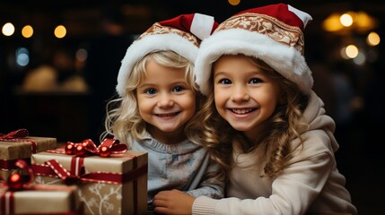 two stunning women wearing Santa hats.