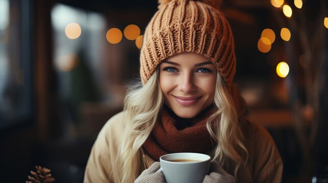 female coffee drinker among holiday decorations.