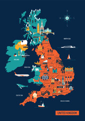 Vector illustration of Great Britain map with landmarks, destinations and cities, road map. England culture set, famous architectures and specialties. Business, tourism concept clipart, icon, gb.