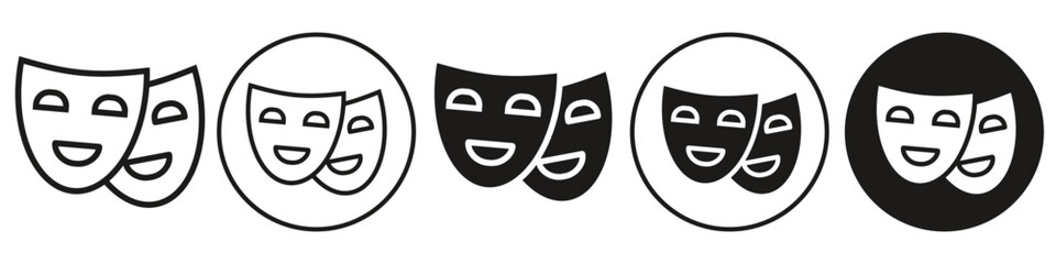 Tragedy Comedy mask icon. Symbol of tragical  happy face emotion in circus or theater shows humor acting by giving smile. Vector set of comic mood artist doing entertainment laugh.
