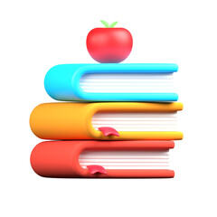 Book 3d icon. Stack with red bookmark and red apple. 3d rendering illustration.