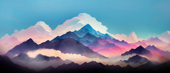 Abstract background. Cloudy mountains in the sky in the morning sunshine with clouds and fog in the days of spring. 3D Rendering, Illustration, fantasy, digital art