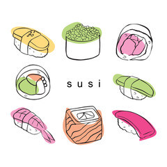 Vector set of creative linear style icons with a color spot of sushi and sashimi. For menu projects, advertising, signage and other applications