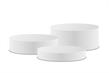 White podium three steps minimal style. Abstract 3d cylinder pedestal or product display stand. Layout horizontal stand for cosmetic products. Vector illustration EPS 10