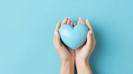 Woman hands holding blue heart, Happiness moment, Health care, wellness, donate and family insurance concept, World heart day, Health day, Hope, Gratitude, Kindness, Valentine's Day. Generative AI.