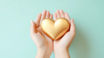 Obraz premium Woman hands holding gold heart, Happiness moment, Health care, wellness, donate and family insurance concept, World heart day, Health day, Hope, Gratitude, Kindness, Valentine's Day. Generative AI.