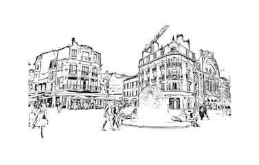Building view with landmark of Reims is the city in France. Hand drawn sketch illustration in vector.