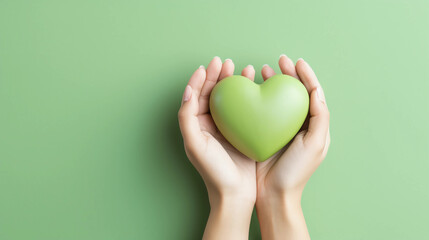 Woman hands holding green heart, Happiness moment, Health care, Save world, donate and family insurance concept, World heart day, Health day, Hope, Gratitude, Kindness, Valentine's Day. Generative AI.