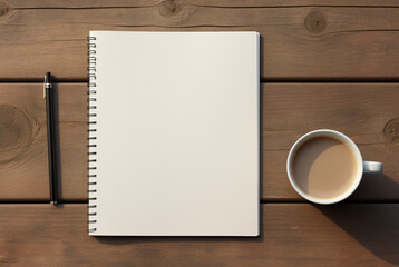 Fototapeta na wymiar a blank notebook next to a cup of coffee and pencil, in the style of minimalist backgrounds