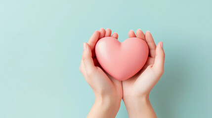 Fototapeta premium Woman hands holding pink heart, Happiness moment, Health care, wellness, donate and family insurance concept, World heart day, Health day, Hope, Gratitude, Kindness, Valentine's Day. Generative AI.