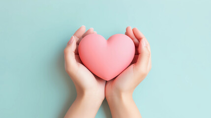 Woman hands holding pink heart, Happiness moment, Health care, wellness, donate and family insurance concept, World heart day, Health day, Hope, Gratitude, Kindness, Valentine's Day. Generative AI.