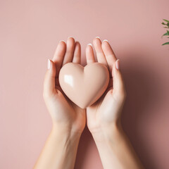 Obraz premium Woman hands holding pink heart, Happiness moment, Health care, wellness, donate and family insurance concept, World heart day, Health day, Hope, Gratitude, Kindness, Valentine's Day. Generative AI.