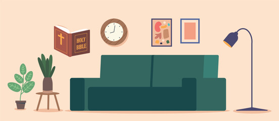 Set of Icons with Room Furniture and Decor. Cozy Sofa, Floor Lamp, Bible Book and Potted Plants, Wall Pictures and Clock