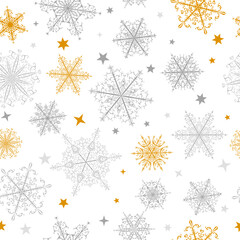 Christmas seamless pattern of beautiful complex gray and yellow snowflakes on white background. Winter illustration with falling snow