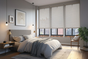 Bedroom with smart blinds that open gradually, simulating a natural sunrise