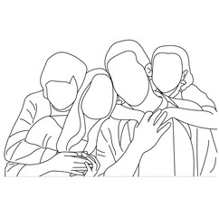 Happy family father and mother with children vector Line art drawing isolated on white background.