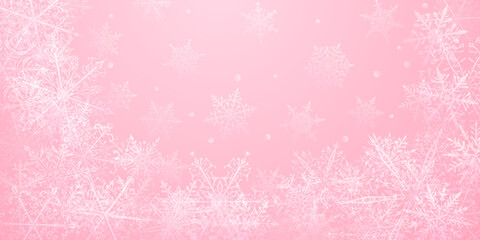 Christmas background of beautiful complex snowflakes in pink colors. Winter illustration with falling snow