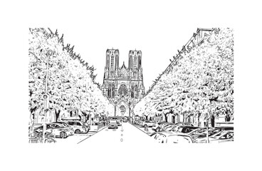 Building view with landmark of Reims is the city in France. Hand drawn sketch illustration in vector.