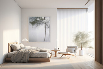 Bedroom with smart blinds that open gradually, simulating a natural sunrise