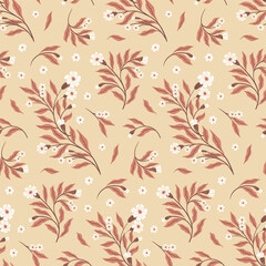 Seamless floral pattern, abstract ditsy print with autumn botany in vintage style. Botanical design, folk ornament: hand drawn branches with small flowers, large leaves on a beige background. Vector.
