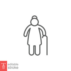 Old woman icon. Simple outline style. Person with cane, stick, elder, lady, granny, senior people concept. Thin line symbol. Vector illustration isolated on white background. Editable stroke EPS 10.