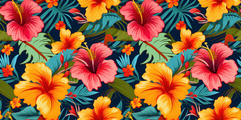 Tropical hibiscus flowers in vibrant Hawaiian colors seamless pattern. Concept: Bold island floral prints