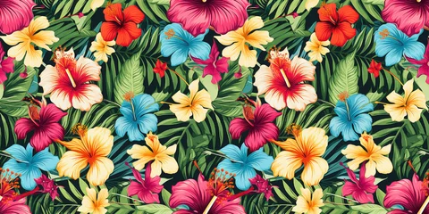 Fotobehang Seamless pattern of colorful tropic hibiscus floral in Hawaiian style. Concept: Brilliant island flower designs © Cala Serrano