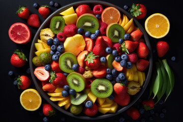 Bowl of colorful and fresh fruits, arranged in a pattern