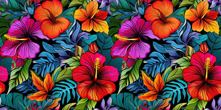Fototapeta Seamless pattern with brightly colored Hawaiian style tropical hibiscus blooms. Concept: Vivid island floral elements