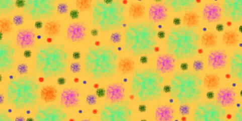 trendy pattern of colorful round sprinkles over yellow background, Pieces of soap of different shapes on a yellow background