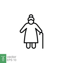 Old woman icon. Simple outline style. Person with cane, stick, elder age, lady, granny, senior people concept. Thin line symbol. Vector illustration isolated on white background. EPS 10.